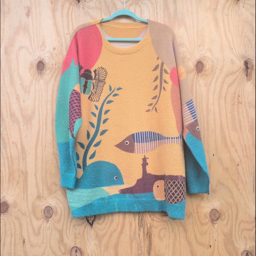 Wool Cotton Crewneck Ocean Animals Sweater ComfortCore SoftTouch Women's 2XL